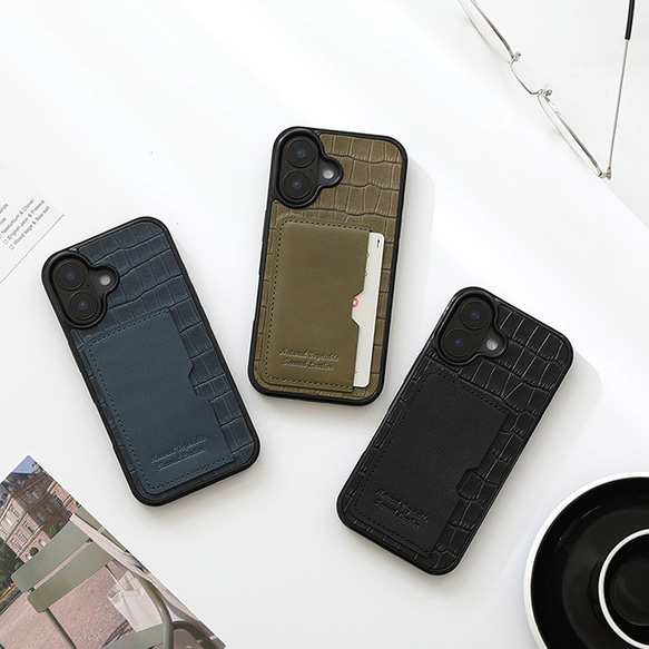 iPhoneケース 栃木レザー クロコ型押し スマホケース カード収納 ポリカーボネート グリッド p2tsr 19枚目の画像