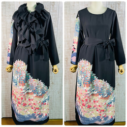 着物リメイク♡　留め袖ギャザーフリルワンピース落款付き正絹♡☆♧♤ 黒留袖 際立つ品格ワンピ 差し色ギャザーワンピース フォーマル