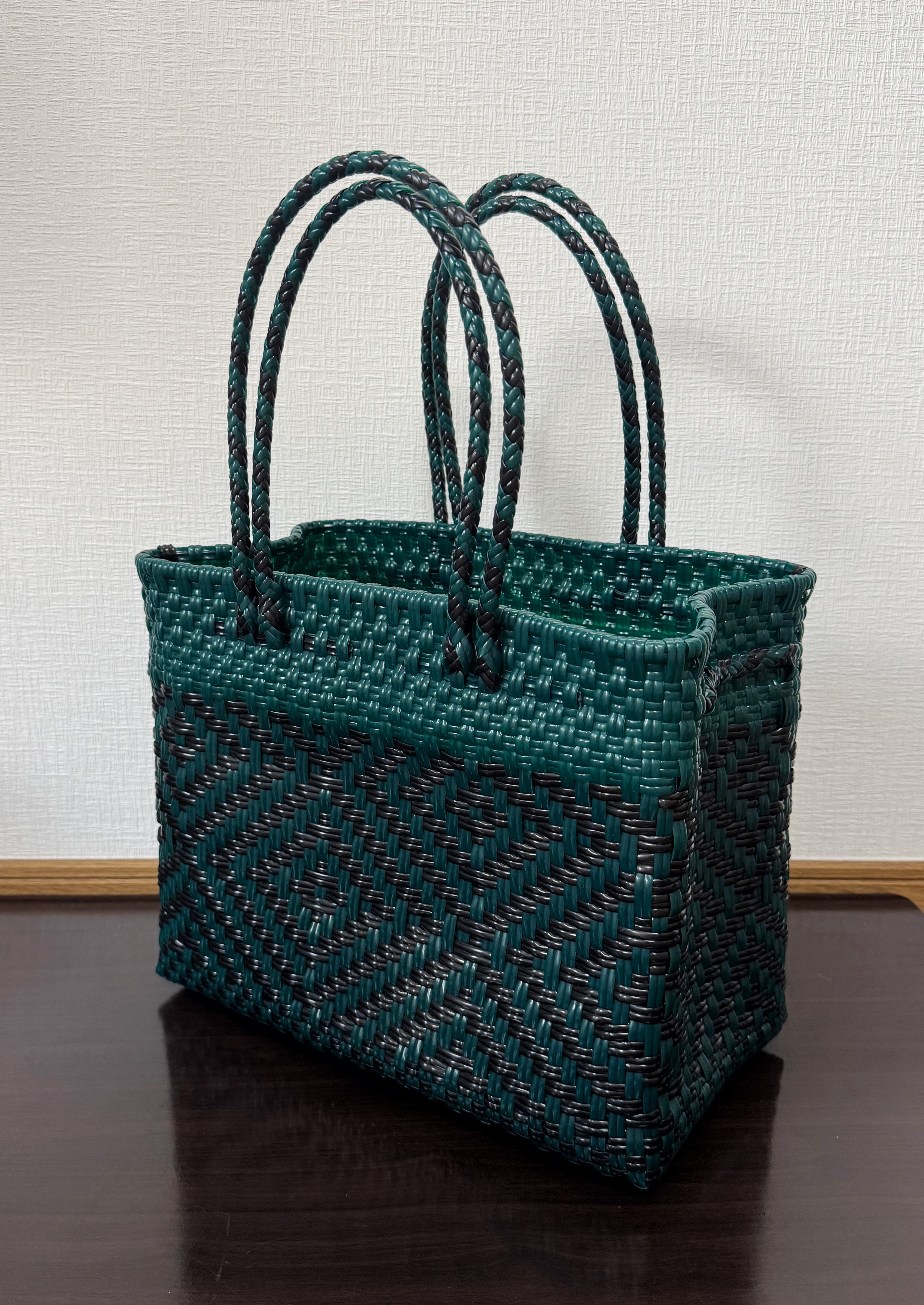 まるごと洗えるバッグ　プラカゴ　メルカド　トートバッグ　パサール　模様編み　細あみ　深緑　Lサイズ