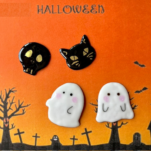 ハロウィンの仲間たち ドクロ お化け 黒猫 ブローチ まめふく 通販