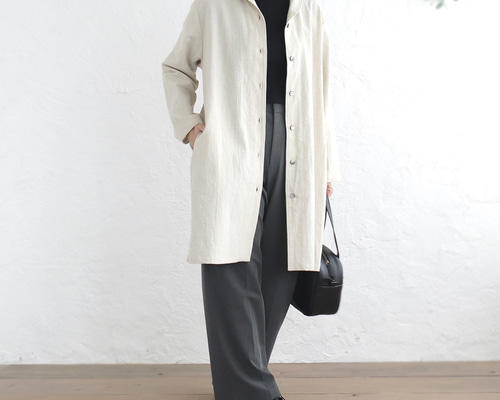 FLAX リネン ヘリンボーン織り ランダムストライプ 羽織りコート FLAX リネン ヘリンボーン織り ランダムストライプ 羽織りコート FLAX