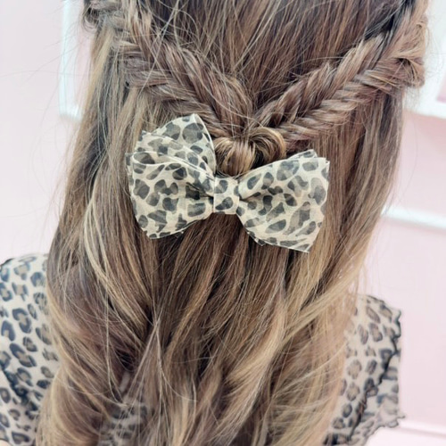 限定】ふわふわオーガンジーリボン ヒョウ柄 ヘアゴム キッズ ヘア