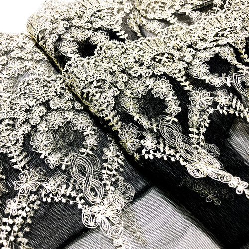 受注】帯枕も使える帯揚げ付き三重紐 チュールレースが美しい 黒地に