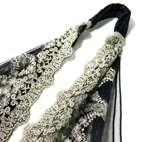 受注】帯枕も使える帯揚げ付き三重紐 チュールレースが美しい 黒地に