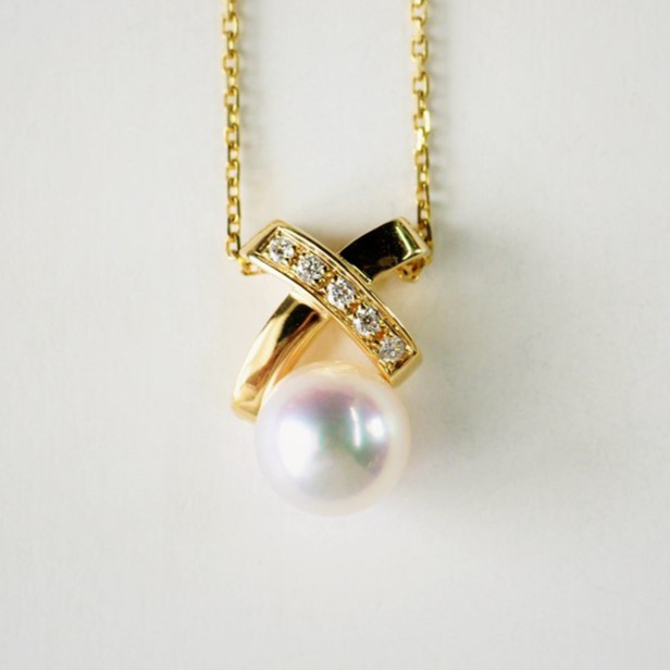 ルミナ OLシリーズ 7.5-8mm 日本製アコヤ真珠 海水天然真珠ペンダントネックレス 18Kゴールド ダイヤモンド