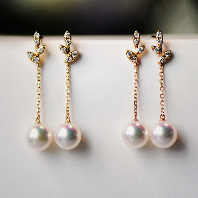 ルミナリーフシリーズ 6.5-7mm 日本製天然アコヤ真珠ピアス 18Kゴールド ダイヤモンドデザイン