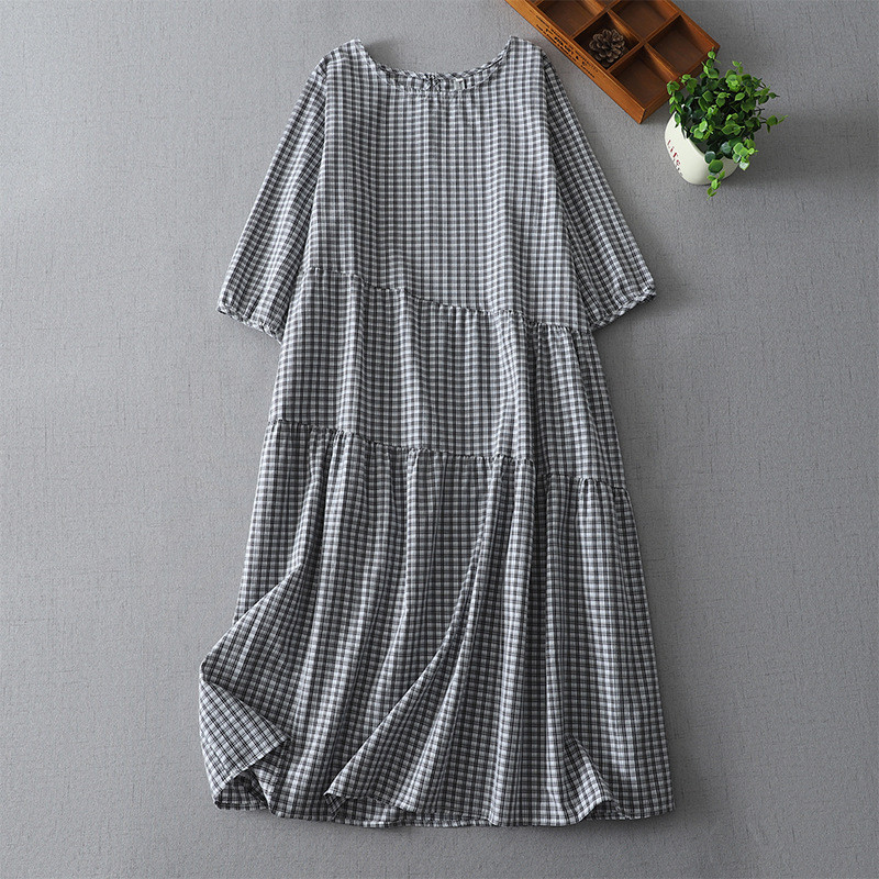 秋レディース文芸的なゆったりとした丸首七分袖チェックワンピース【返品・交換可】品質最優先25-298