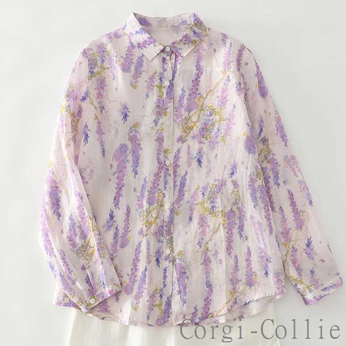 秋の新作】パープル 小花柄ブラウス レディース 秋 春 きれいめ 通勤