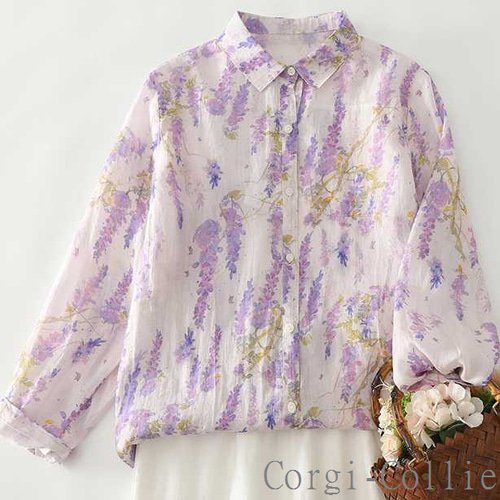 【美品】クラシカル 花柄 お洒落な透け感ブラウス パープル系 秋の新作】パープル 小花柄ブラウス レディース 秋 春 きれいめ 通勤
