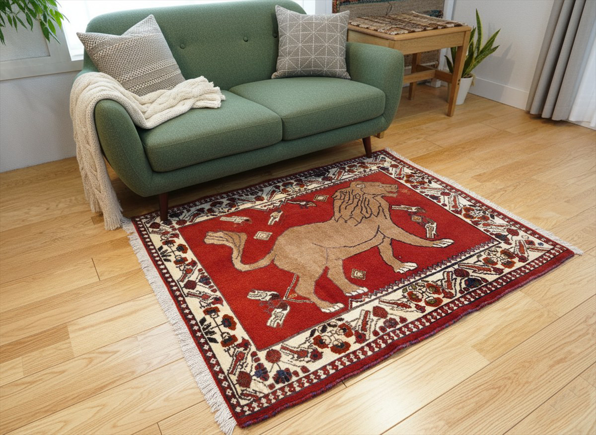 ペルシャ オールドギャッベ　アマレバフト ラグ　115x95cm　ライオンギャッベ　赤色　PS8774