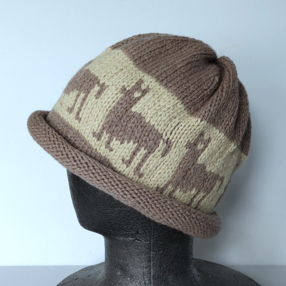草木染毛糸の手編み帽子　AD-335　ニット帽＊編み込み＊アルパカ柄＊アースカラー＊メリノウール100％