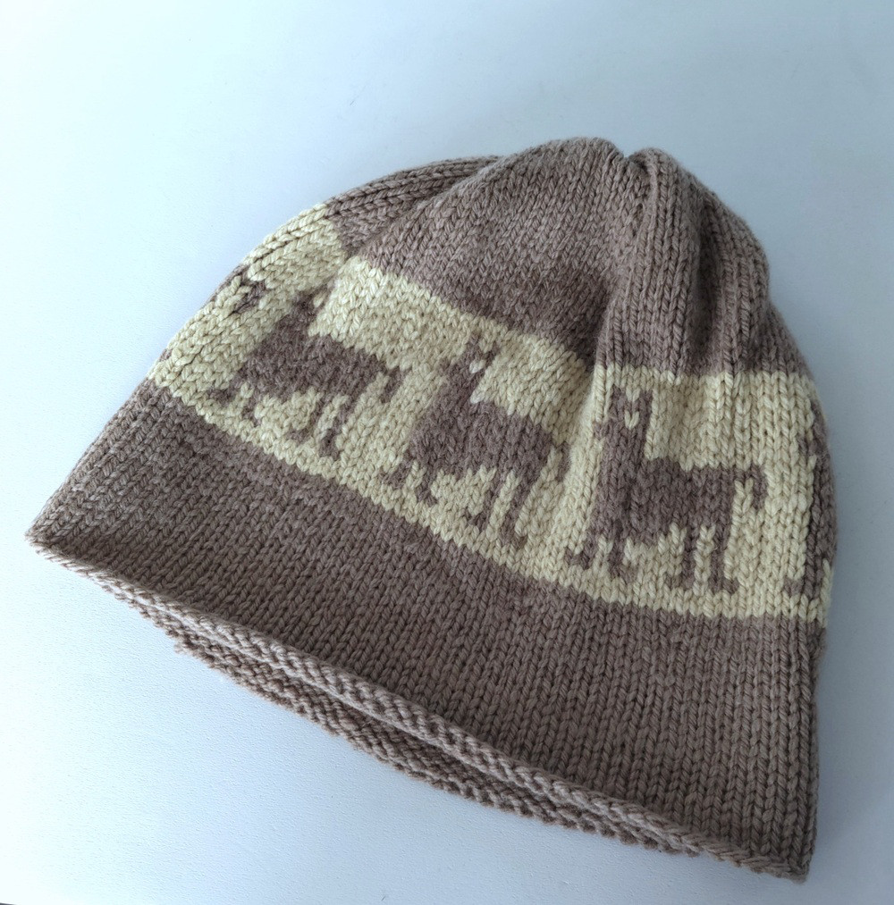 草木染毛糸の手編み帽子　AD-335　ニット帽＊編み込み＊アルパカ柄＊アースカラー＊メリノウール100％