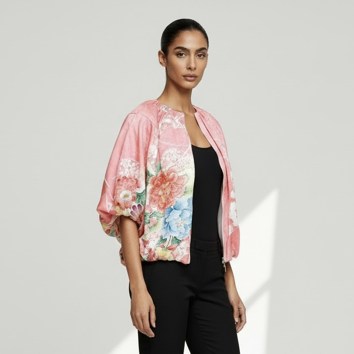 【１点もの】ヴィンテージ着物を使ったバルーンジャケット ピンク 「送料無料」着物リメイク