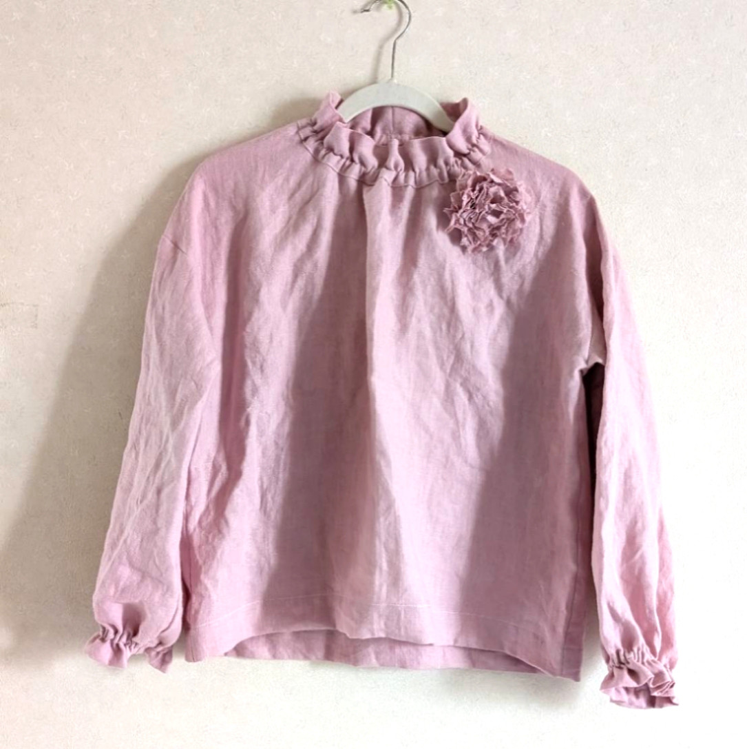 かわいいピンクリネンのスタンドフリルプルオーバー☆コサージュ付〈受注制作〉