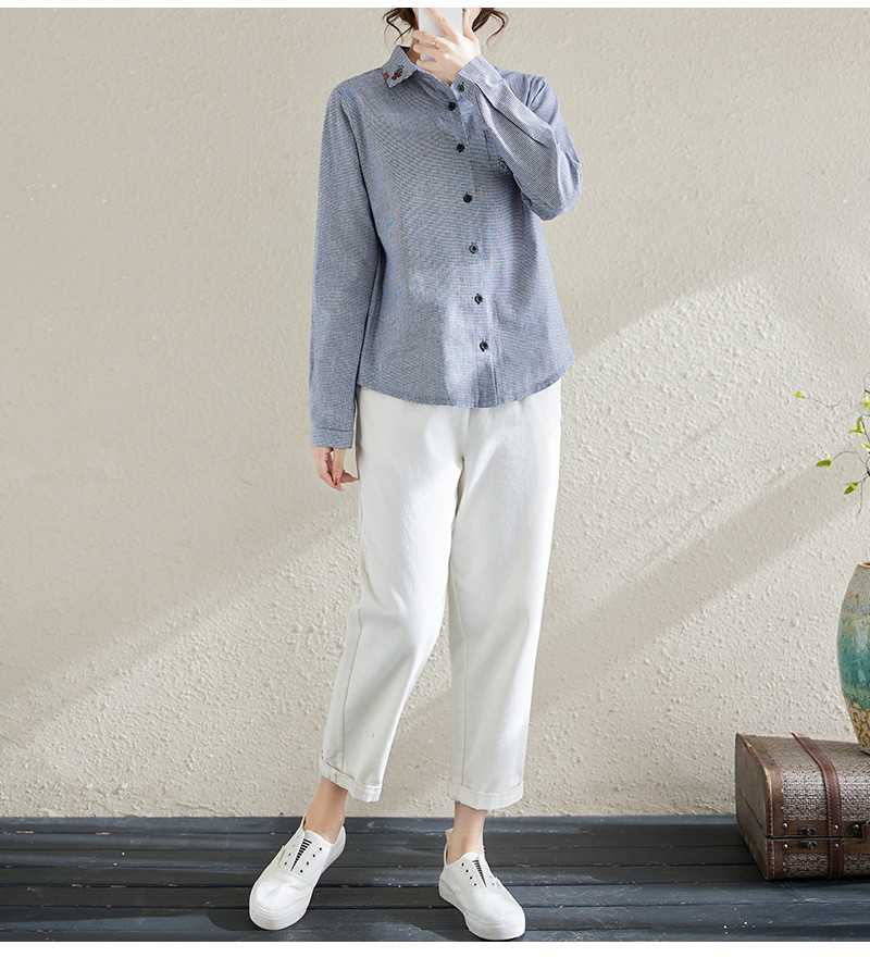 秋冬レディース中国風シンプル小チェック ゆったり刺繍シャツ【返品・交換可】品質最優先25-301