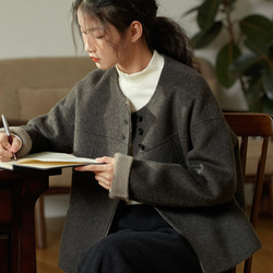 こっくり色　ノーカラーウールのショートコート【秋冬春】ダークグレー 2枚目の画像