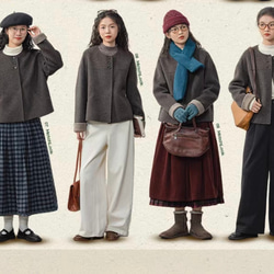 こっくり色　ノーカラーウールのショートコート【秋冬春】ダークグレー 8枚目の画像