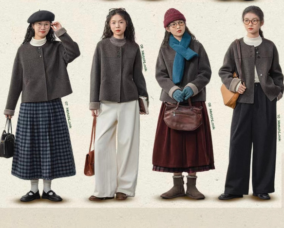 こっくり色　ノーカラーウールのショートコート【秋冬春】ダークグレー 8枚目の画像