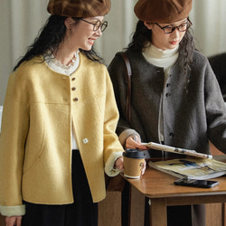 こっくり色　ノーカラーウールのショートコート【秋冬春】ダークグレー 9枚目の画像