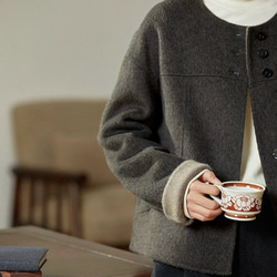 こっくり色　ノーカラーウールのショートコート【秋冬春】ダークグレー 4枚目の画像