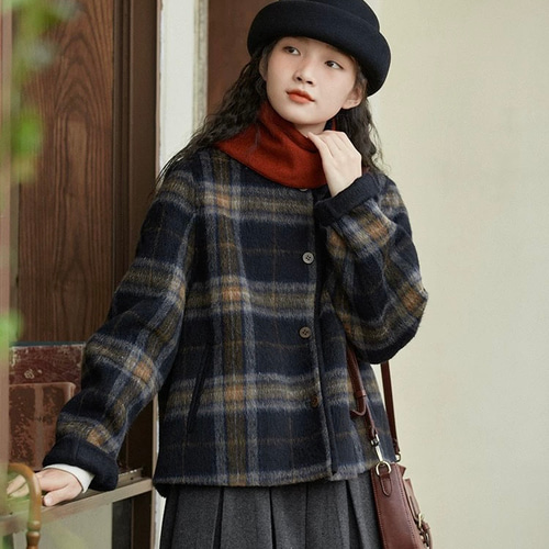 ネイビー チェック柄 ウールコート TENDERLOIN ネイビー チェック柄