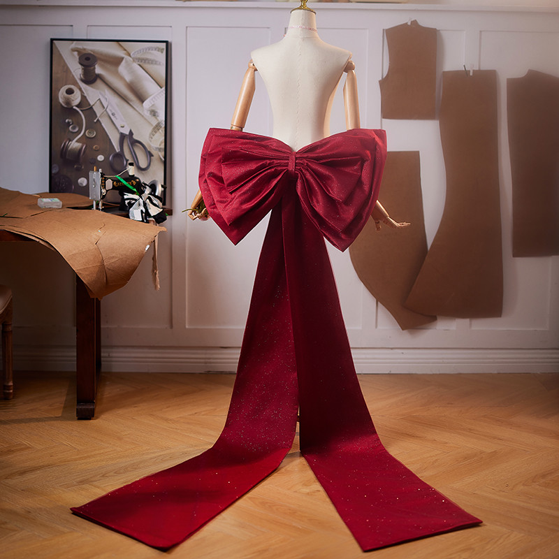 ロングトレーン 裾引き ワインレッド リボン サテン DIY 肩飾り アクセサリー ウェディングドレス AK056