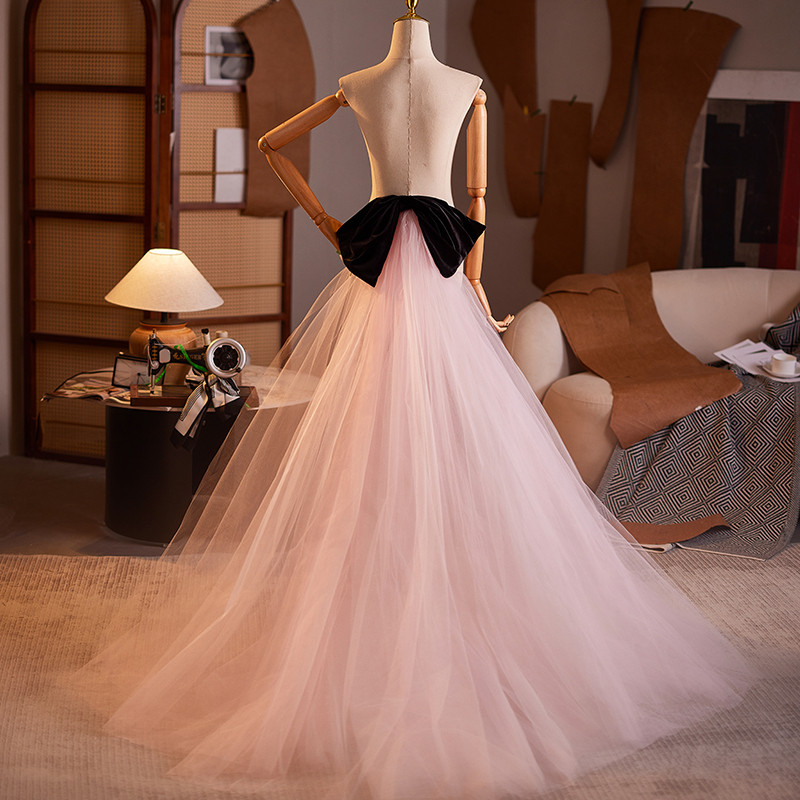 ロングトレーン 裾引き​ 黒いリボン 大トレーン ピンク 綺麗 DIY アクセサリー ウェディングドレス DTY218