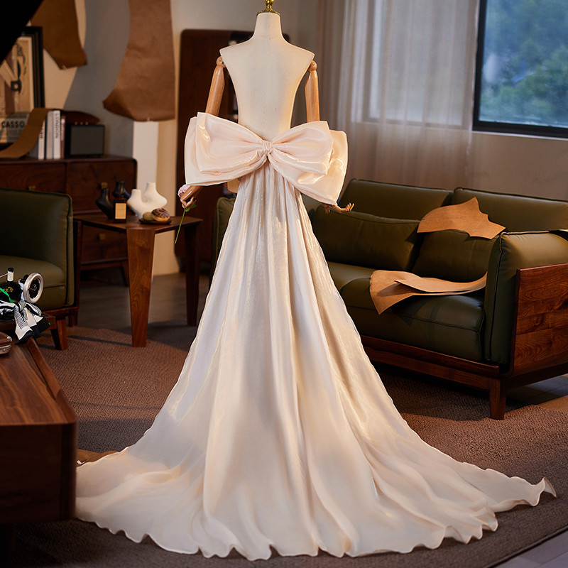 ロングトレーン 裾引き シャンパン色 リボン DIY 肩飾り アクセサリー ウェディングドレス DTY210