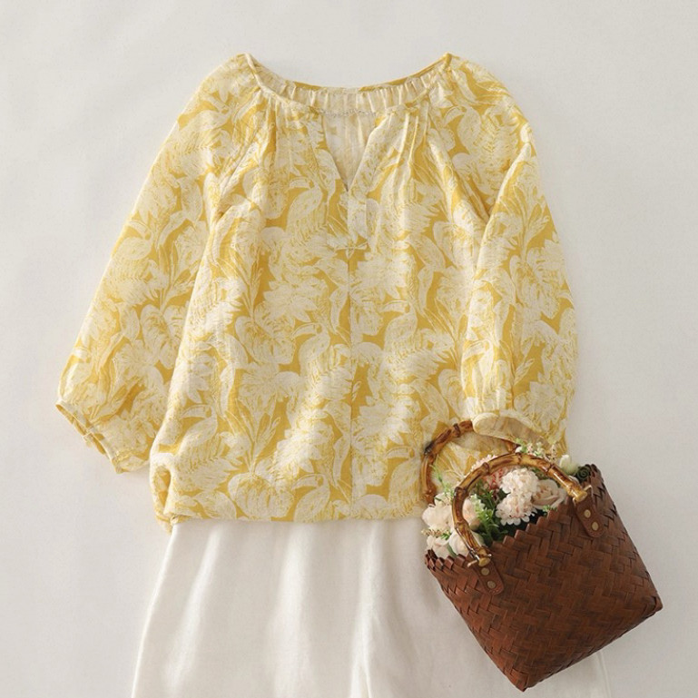 七分袖、ブラウス、トップス、リネンコットン、夏