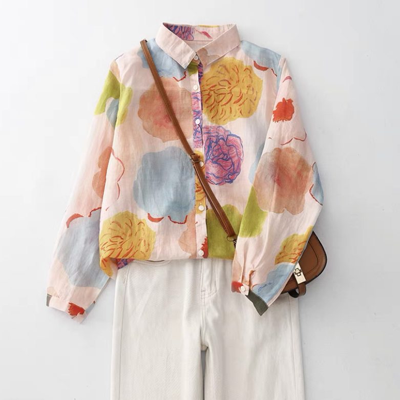 ブラウス、トップス、リネンコットン、春秋 、夏、長袖、プリント