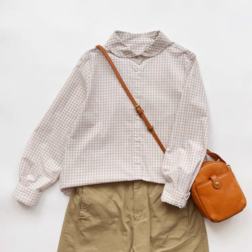 ブラウス、トップス、リネンコットン、春秋 、夏、長袖、チェック柄