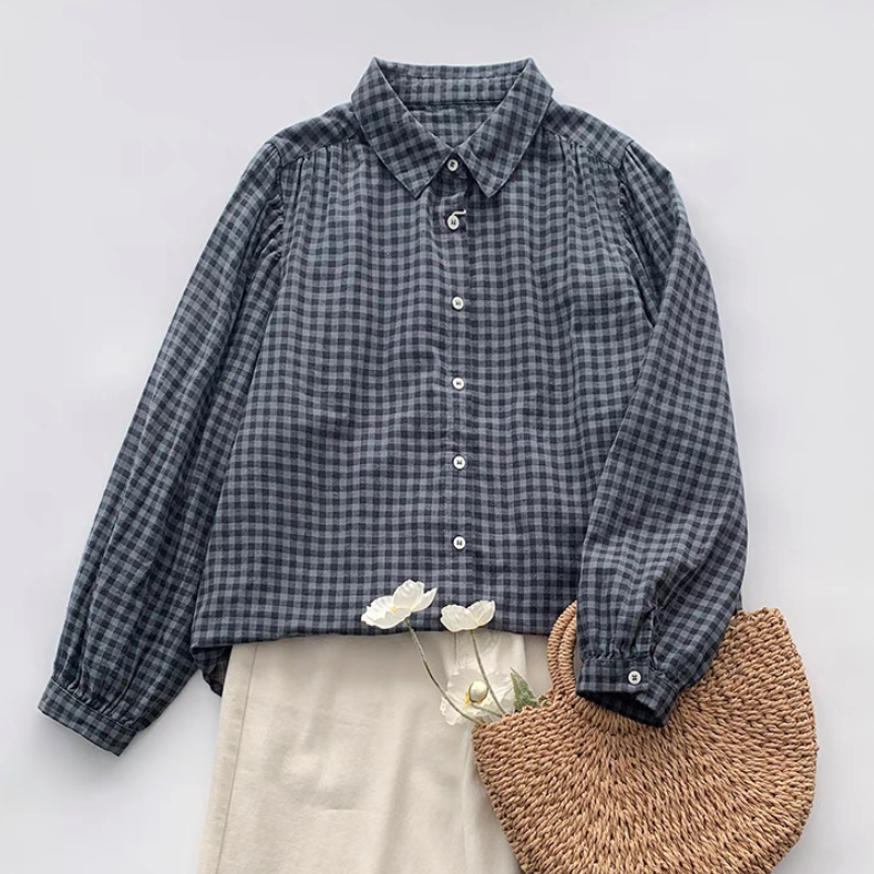 ブラウス、トップス、リネンコットン、春秋 、夏、長袖、チェック柄