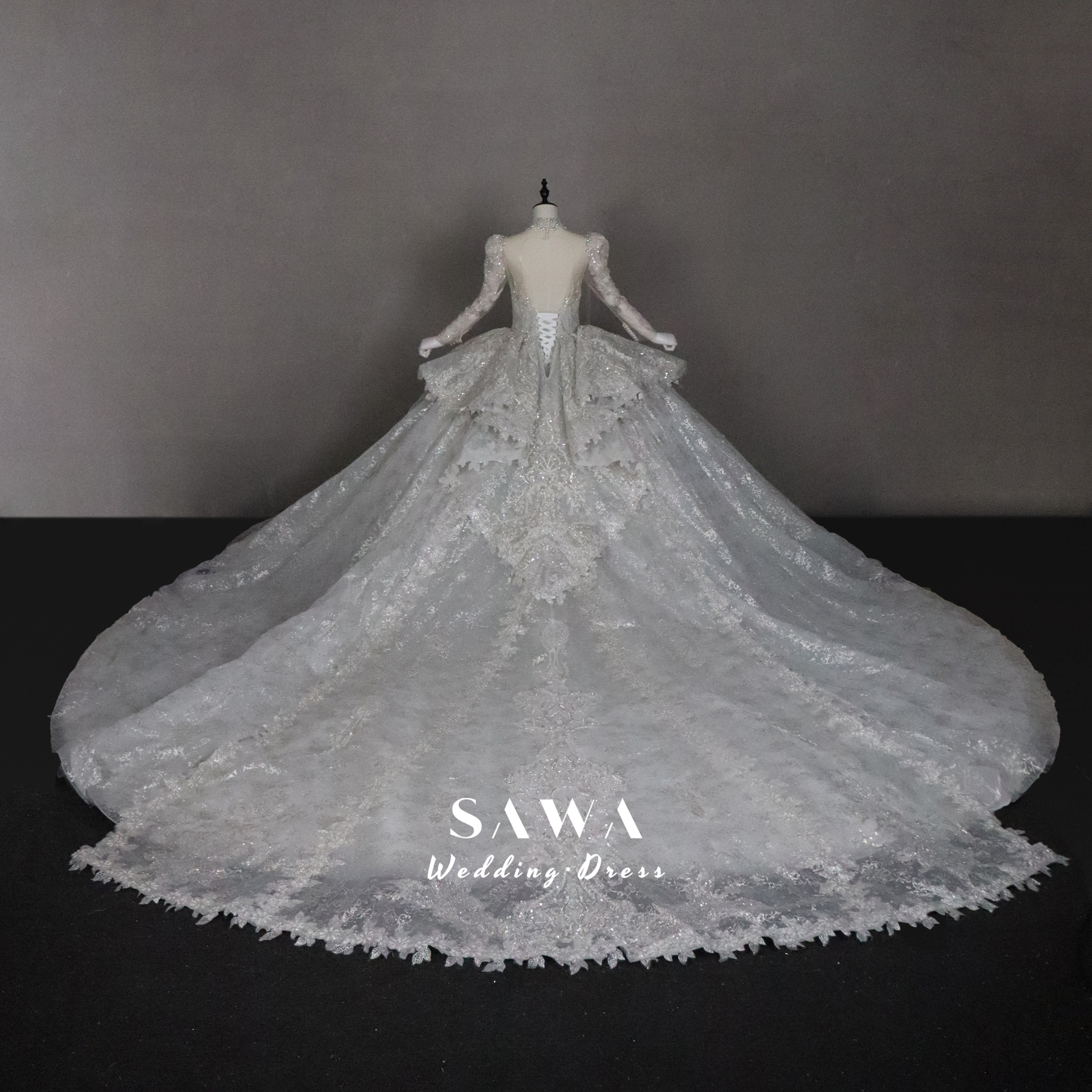 激安　ブルーグレー　プリンセスライン　お姫様　韓国風　たっぷりビジュー　長袖　ネックレス　イリュージョンネック　編み上げ