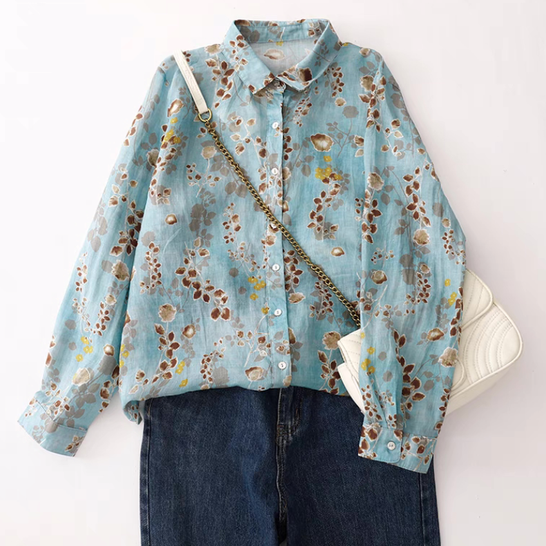 ブラウス、トップス、リネンコットン、春秋 、夏、長袖