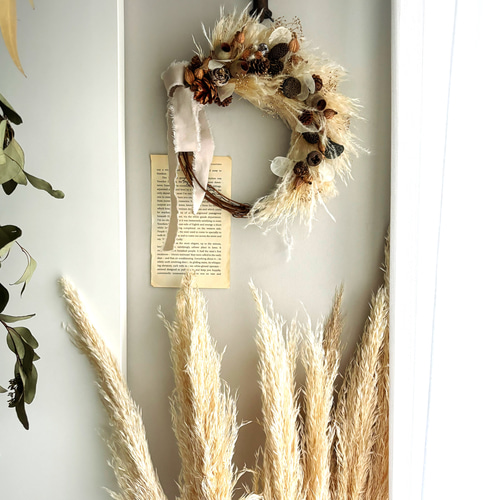 パンパスグラス×ルナリア×木の実 ドライフラワーリース 季節を届ける秋