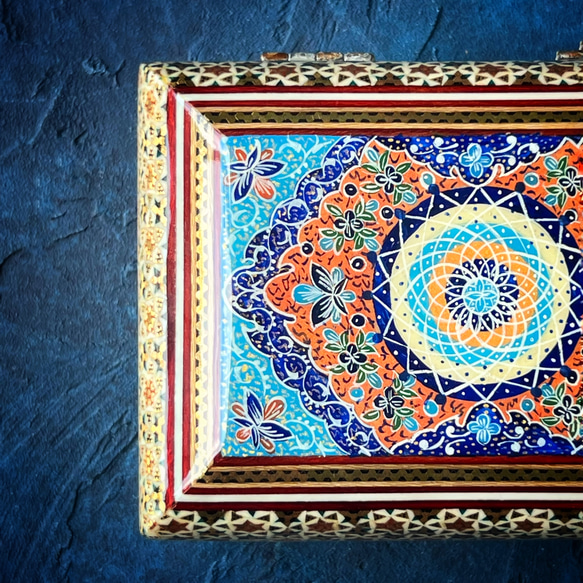 ペルシャの象嵌細工（寄木細工）小箱　長方形 M（14ｃｍ）【ハータムカーリー189】 3枚目の画像