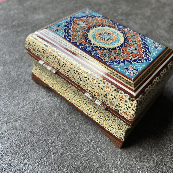 ペルシャの象嵌細工（寄木細工）小箱　長方形 M（14ｃｍ）【ハータムカーリー189】 10枚目の画像