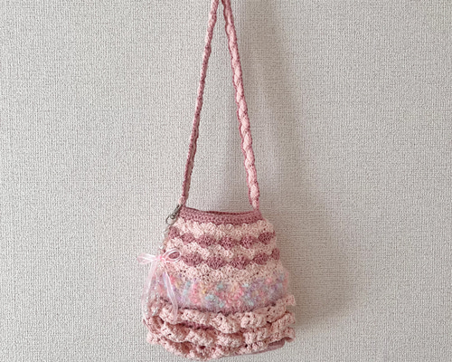Pink Frills bag 【ピンク】かぎ針編み ハンドバッグ ミニトートバッグ