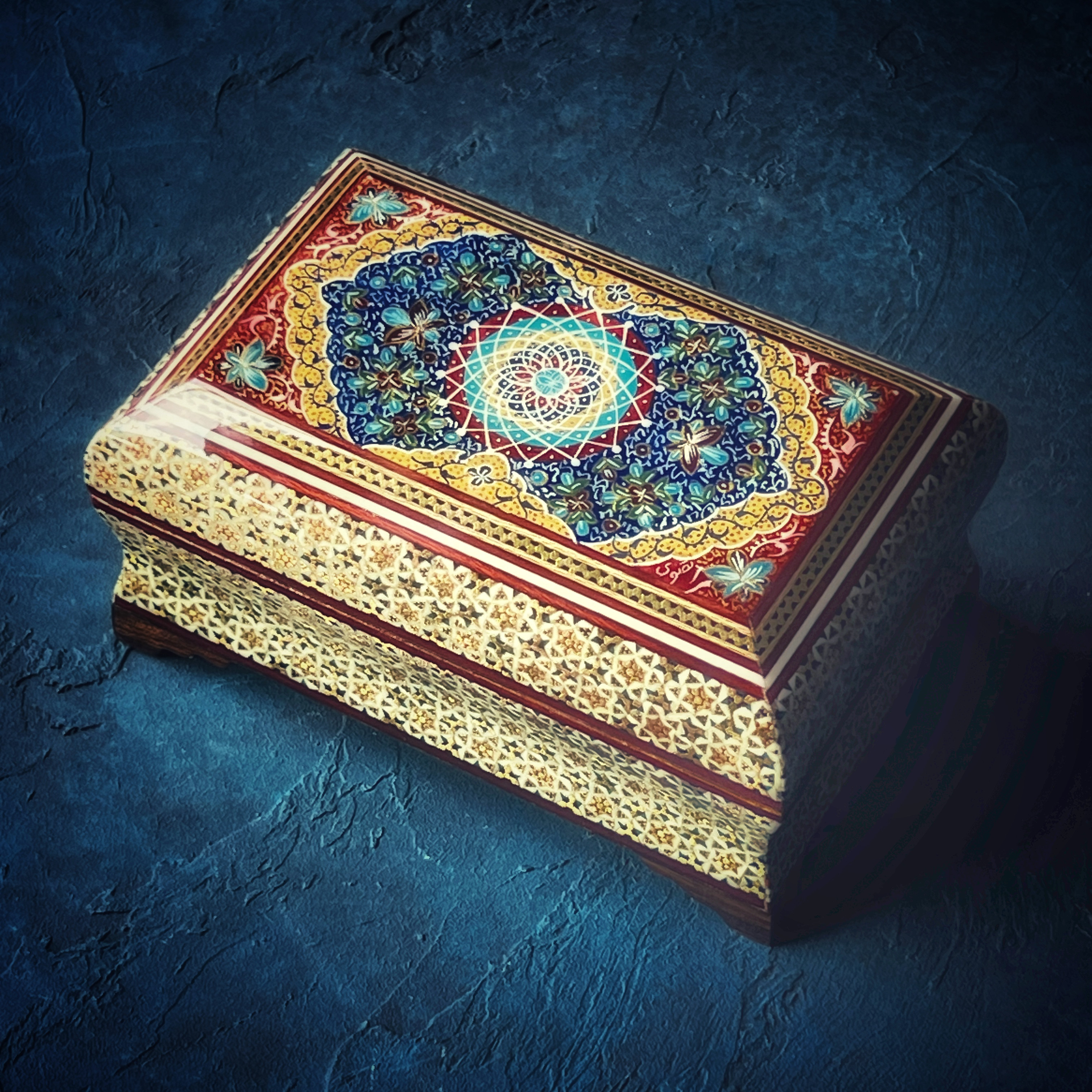 ペルシャの象嵌細工（寄木細工）小箱　長方形 L（16ｃｍ）【ハータムカーリー190】