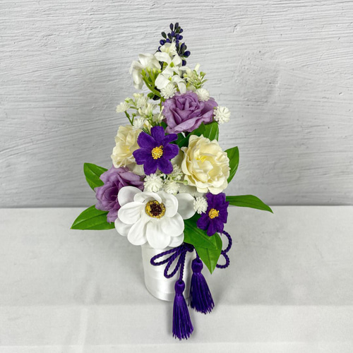 ミニ仏花アレンジ お供え花華やか紫と白の上品な造花♪洋花仏花にも