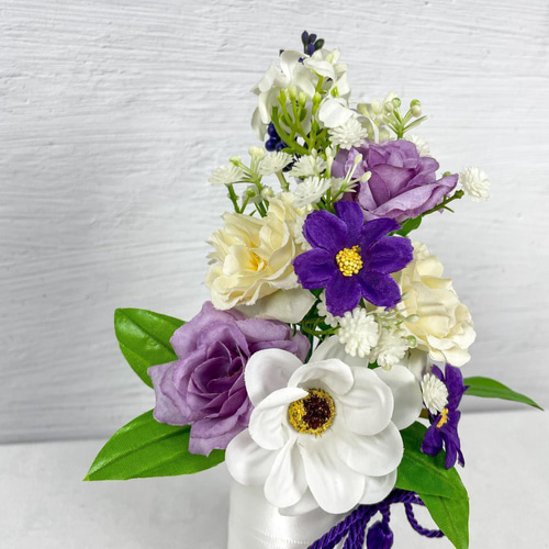 仏花、お供え花紫クレマチス、白百合アレンジ ミニ仏花アレンジ お供え花華やか紫と白の上品な造花♪洋花仏花にも