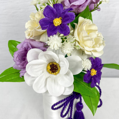 仏花、お供え花紫クレマチス、白百合アレンジ 仏花 紫クレマチス&白百合 仏花、お供え花紫クレマチス、白百合