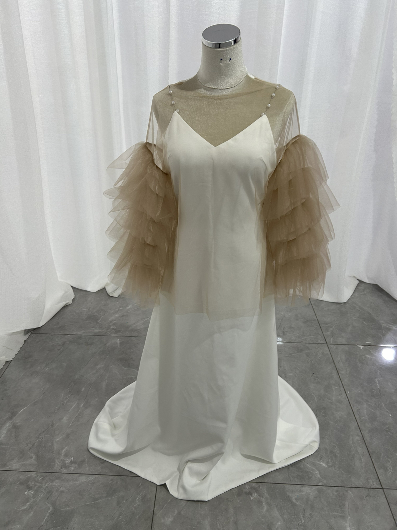 パーティードレス パールキャミソール+トップス フリル袖 ソフトチュール スレンダーライン 二次会