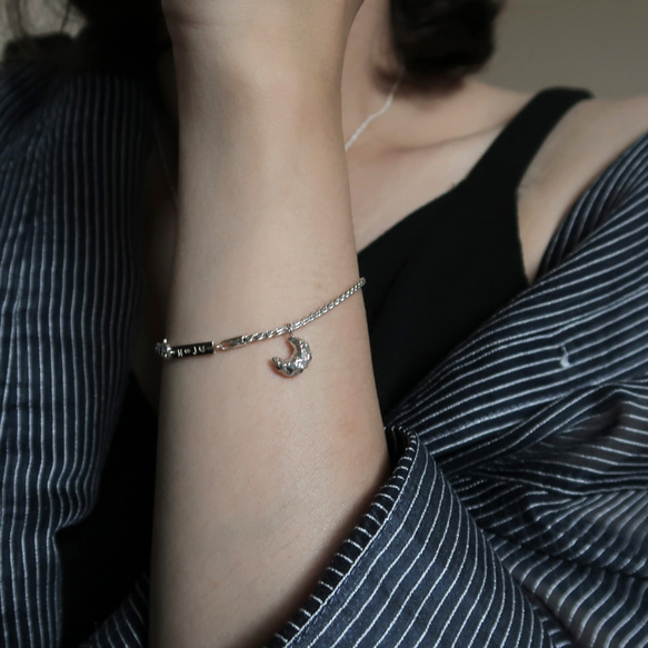 925純銀 月亮 礦石 斜紋鍊 客製化刻字 手鍊 免費送禮包裝 第1張的照片