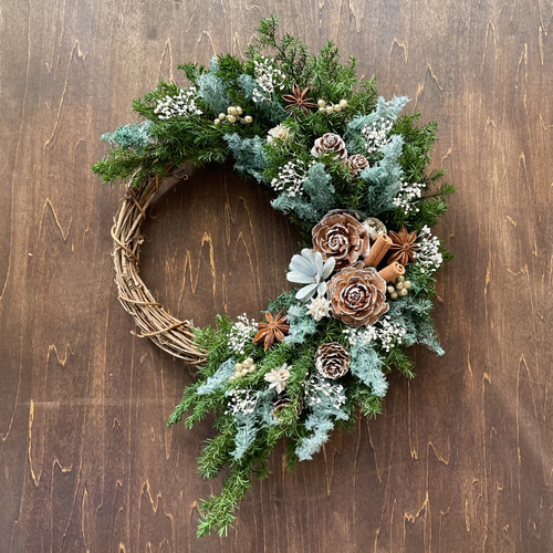 新作】クリスマスリース＊ナチュラルブルーグリーン＊ハーフリース