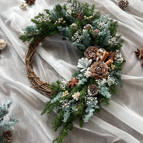 新作】クリスマスリース＊ナチュラルブルーグリーン＊ハーフリース