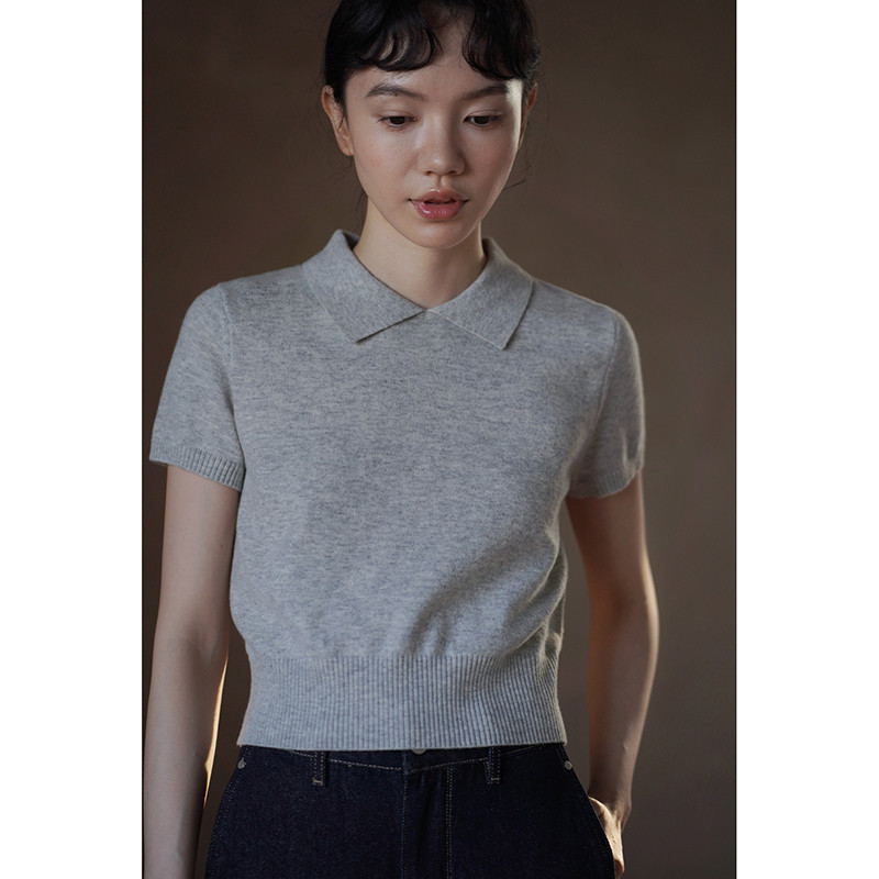 ウール混紡ニットシャツ　POLO襟ニットTシャツ　グレー　S-XL#748