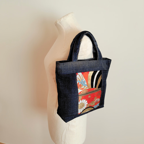 着物帯×デニムリメイク！トートバッグ　ハンドメイド I made a tote bag using denim and kimono scraps. It was my first