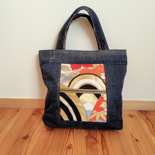 帯とデニムのトートバッグ＊着物リメイク Obi and denim tote bag