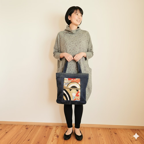 着物帯×デニムリメイク！トートバッグ　ハンドメイド 着物 リメイク デニム - トートバッグの人気通販 | minne byGMOペパボ